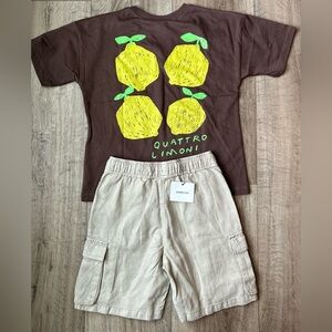Zara Brown Lemon Graphic Tee and Beige Cargo Shorts